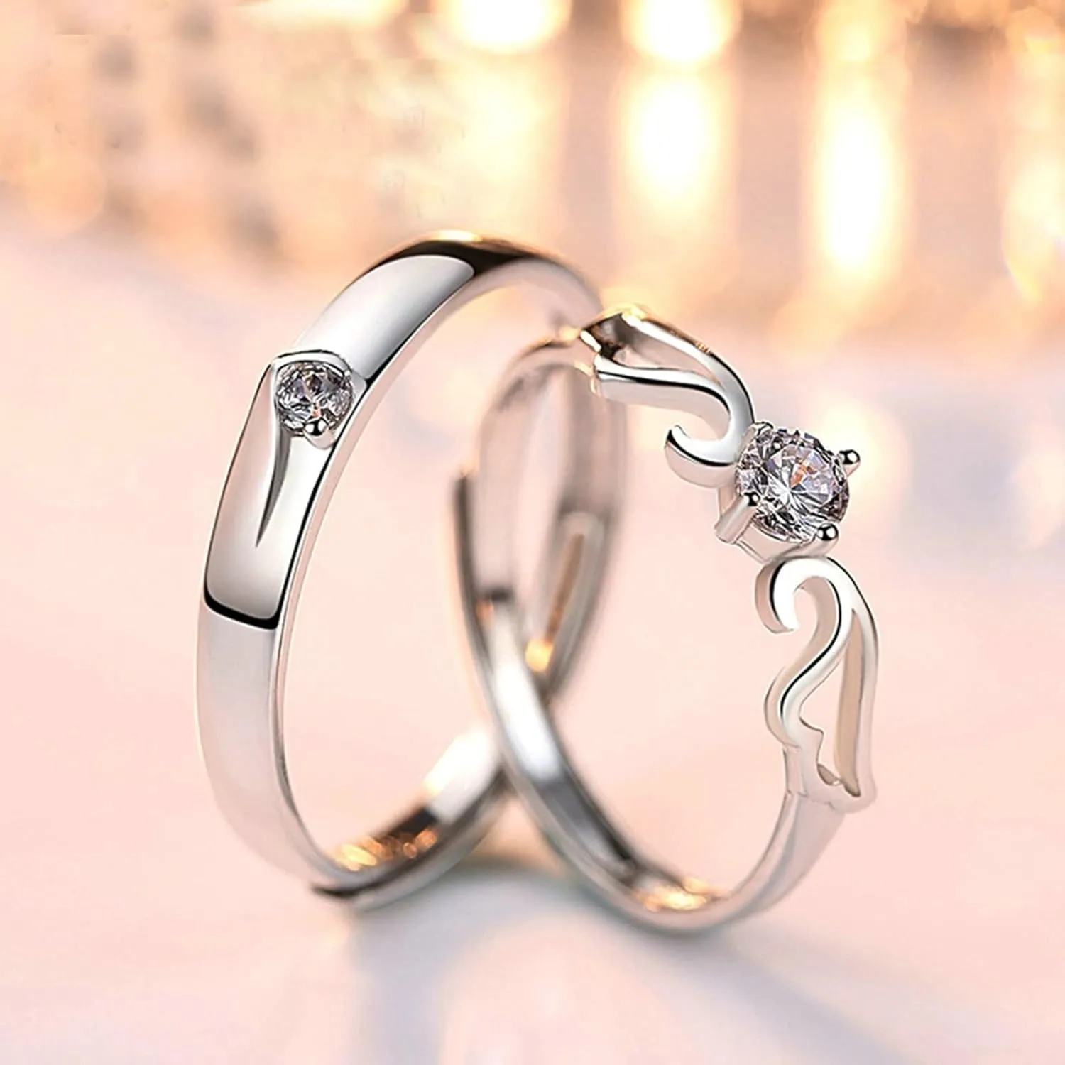Wedding Band Sets for Couples Silver, Engraved Promise Rings for Couples Adjustable Angel Wing Ring with Cubic Zirconia