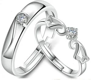 Wedding Band Sets for Couples Silver, Engraved Promise Rings for Couples Adjustable Angel Wing Ring with Cubic Zirconia