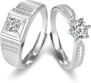 Wedding Day Ring for Couple, Engage Rings Sets His and Hers Personalized Adjustable 925 Sterling Silver Solitaire Ring with Cubic Zirconia