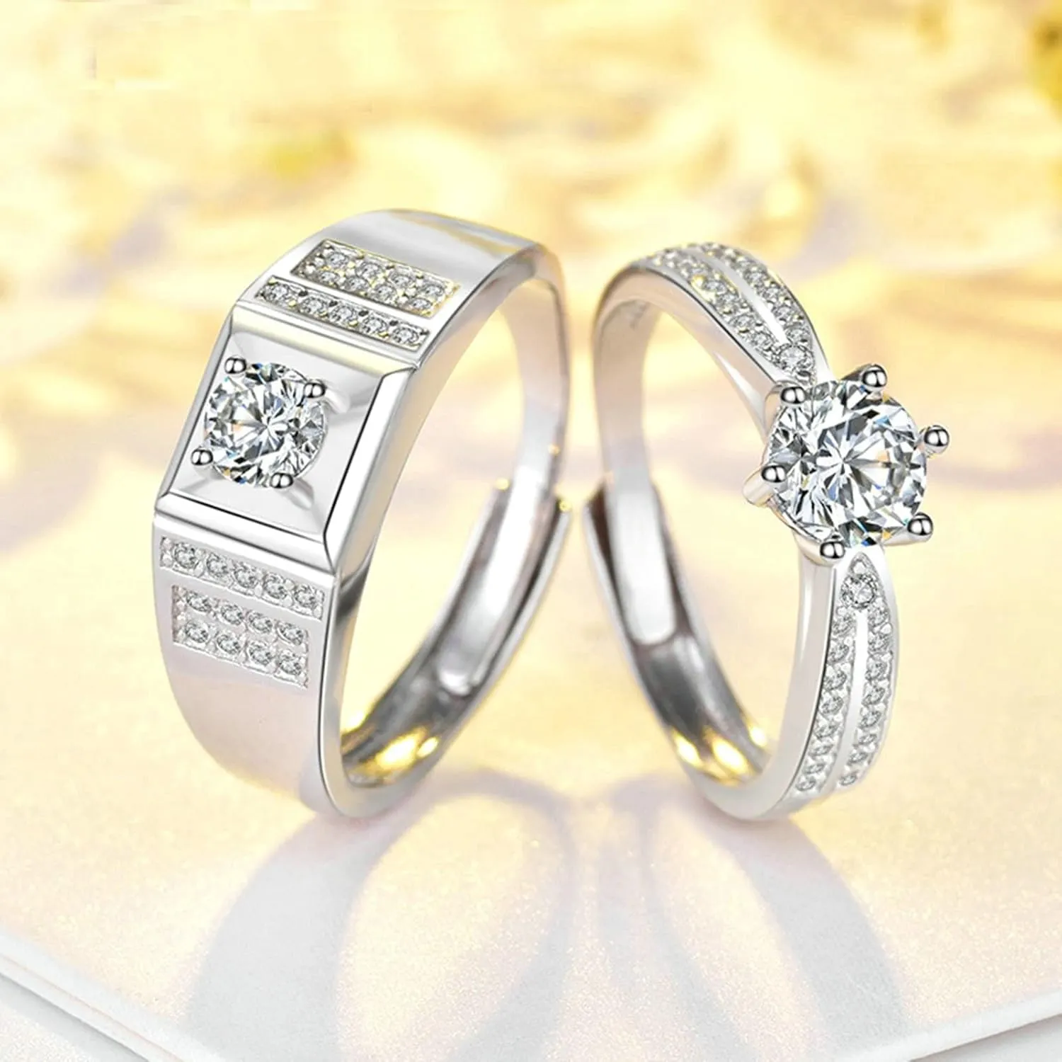 Wedding Day Ring for Couple, Engage Rings Sets His and Hers Personalized Adjustable 925 Sterling Silver Solitaire Ring with Cubic Zirconia