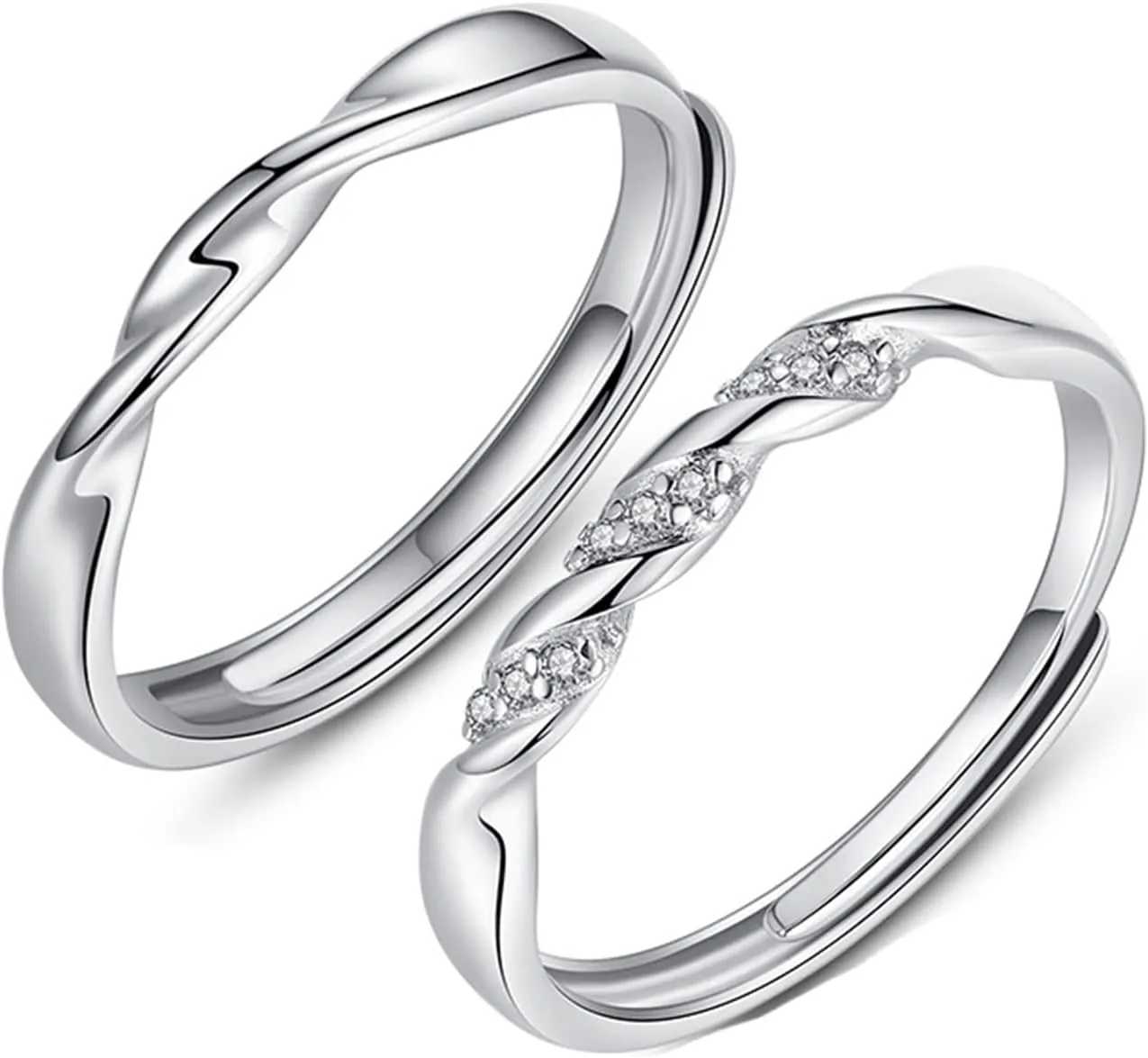 Wedding Engagement Couple Rings Sets, Men and Women Promise Ring Sets Customizable Adjustable 925 Sterling Silver Mobius Ring with Cubic Zirconia