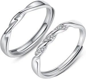 Wedding Engagement Couple Rings Sets, Men and Women Promise Ring Sets Customizable Adjustable 925 Sterling Silver Mobius Ring with Cubic Zirconia
