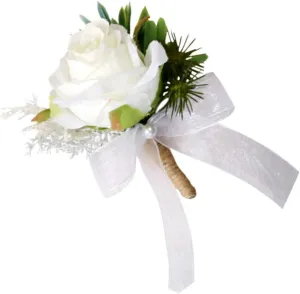 Wedding Party Flower Brooch Elegant White Green Artificial Floral Breastpin for Bride Groom Attire for Banquet Decor and Special Occasions