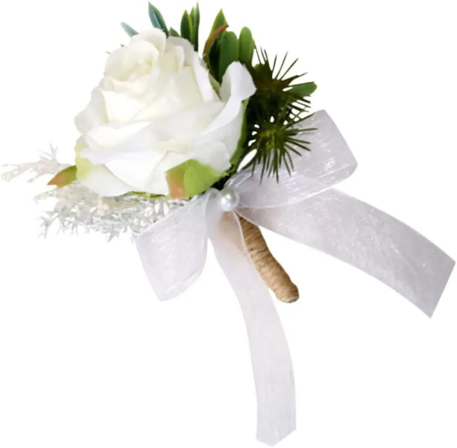 Wedding Party Flower Brooch Elegant White Green Artificial Floral Breastpin for Bride Groom Attire for Banquet Decor and Special Occasions