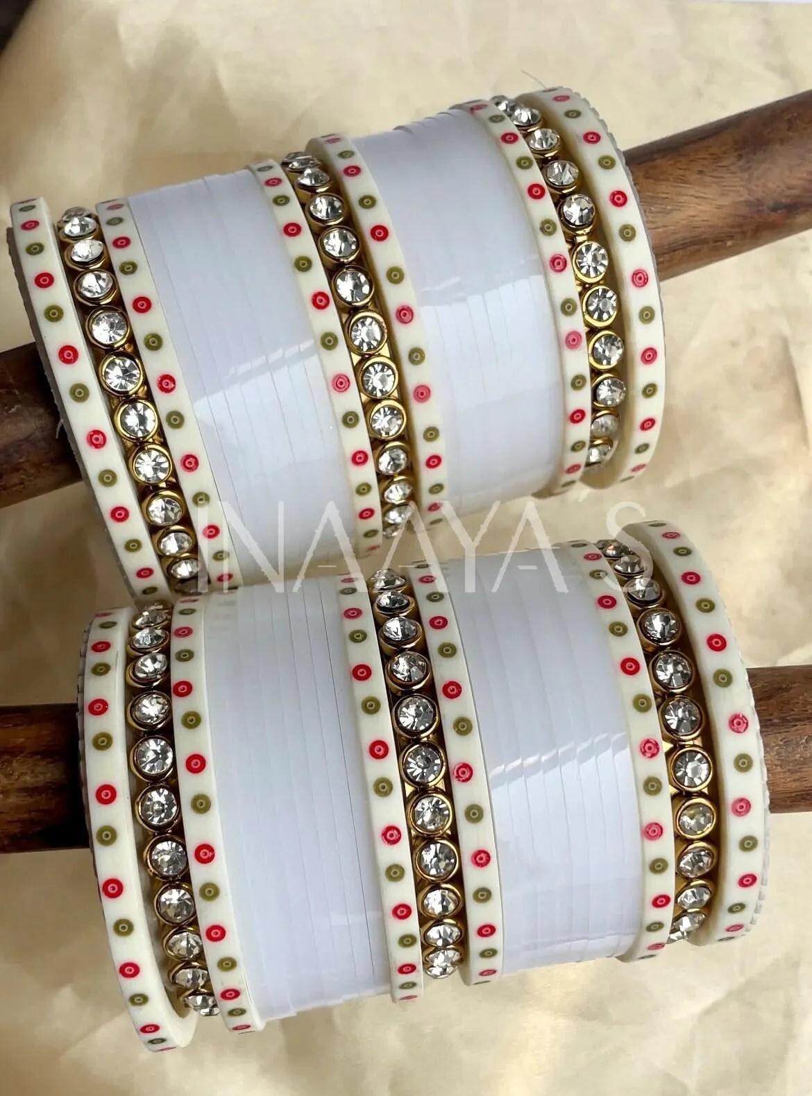 White Bridal Chura with Stone Kada in White Finish
