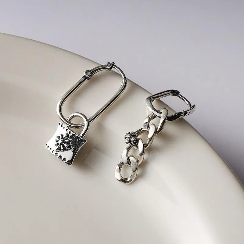 Women's Sterling Silver Asymmetric Chain Lock Ear Buckle