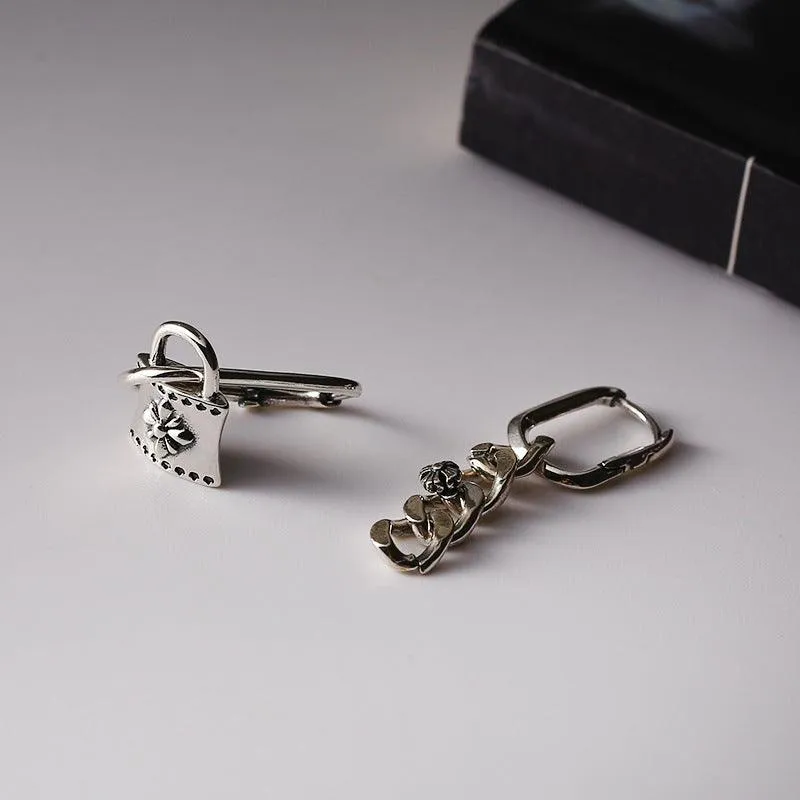 Women's Sterling Silver Asymmetric Chain Lock Ear Buckle