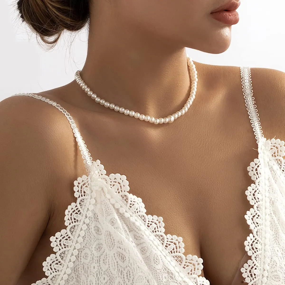Y 14K Gold Plated Pearl Necklace - Dainty Gold Beaded Pearl Choker Chain Necklace for Women - Prom, Wedding, Bridal, Bridesmaid Jewelry