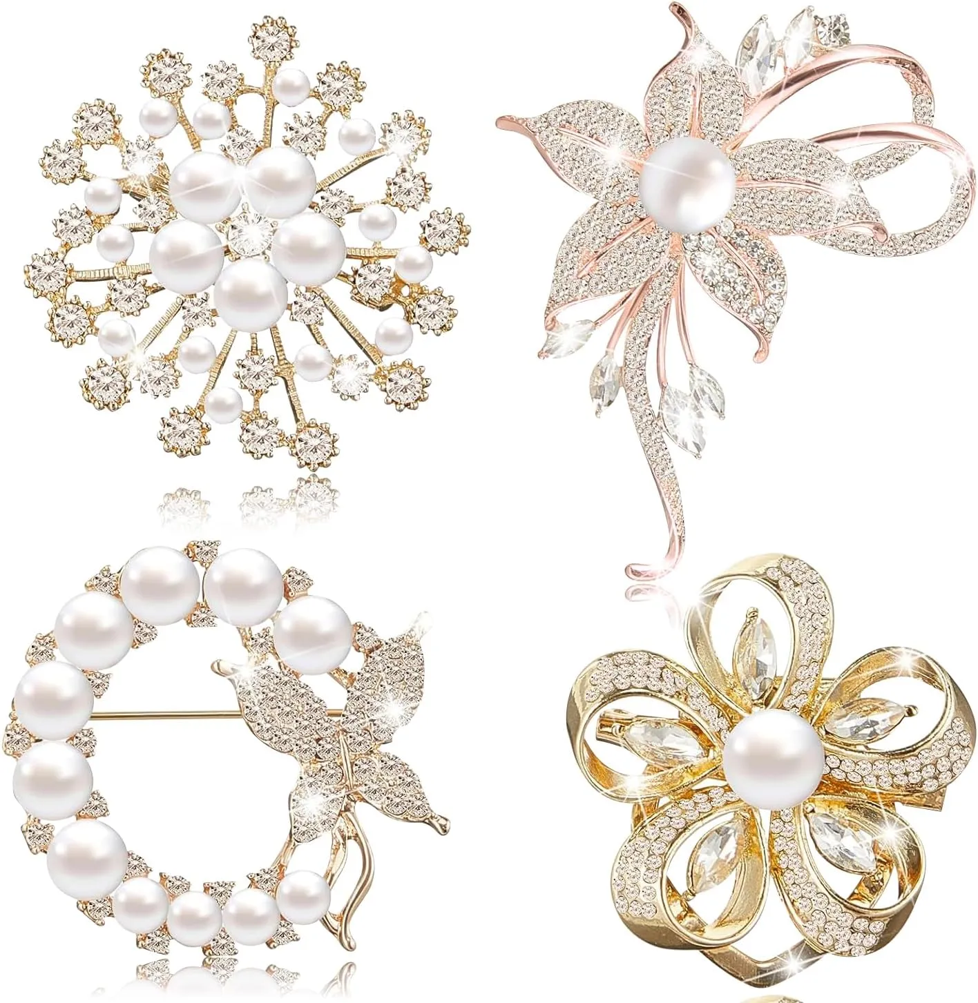 Yadiana Brooches and Pins for Women, 4 Pcs Simulated Pearl Rhinestone Crystal Brooch Pins Stylish Women's Flower Brooches Pins Bulk, Elegant Clothing Accessory Pins for Women Fashion