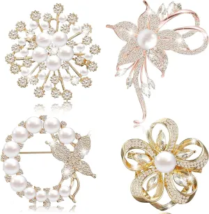 Yadiana Brooches and Pins for Women, 4 Pcs Simulated Pearl Rhinestone Crystal Brooch Pins Stylish Women's Flower Brooches Pins Bulk, Elegant Clothing Accessory Pins for Women Fashion