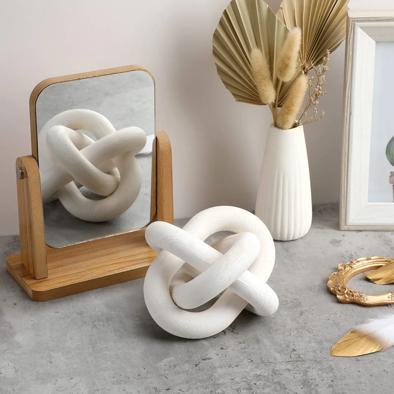 Yalikop Wood Chain Link Decor 3 Knot Hand Carved Coffee Table Modern Farmhouse Shelf Boho Rustic Decorative Objects for Home Living Room Bedroom Decorations (White)