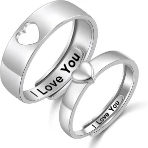 Yearace Sterling Silver Couples Rings - Matching Heart Promise Rings for Him & Her