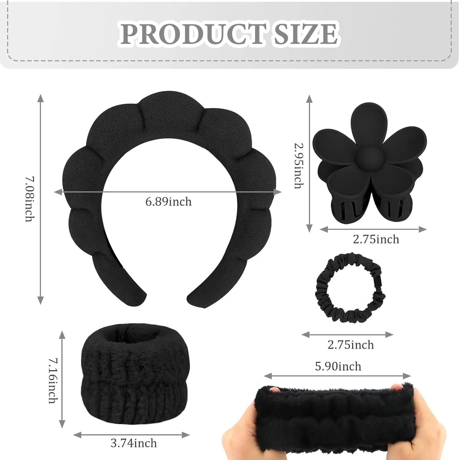 YISSION Black Spa Headband & Wristband Set Skincare Headband & Wrist Bands for Washing Face Makeup Silk Hair Scrunchies Flower Hair Claw Clips Sponge Facial headband & wrist towels for Women Girls