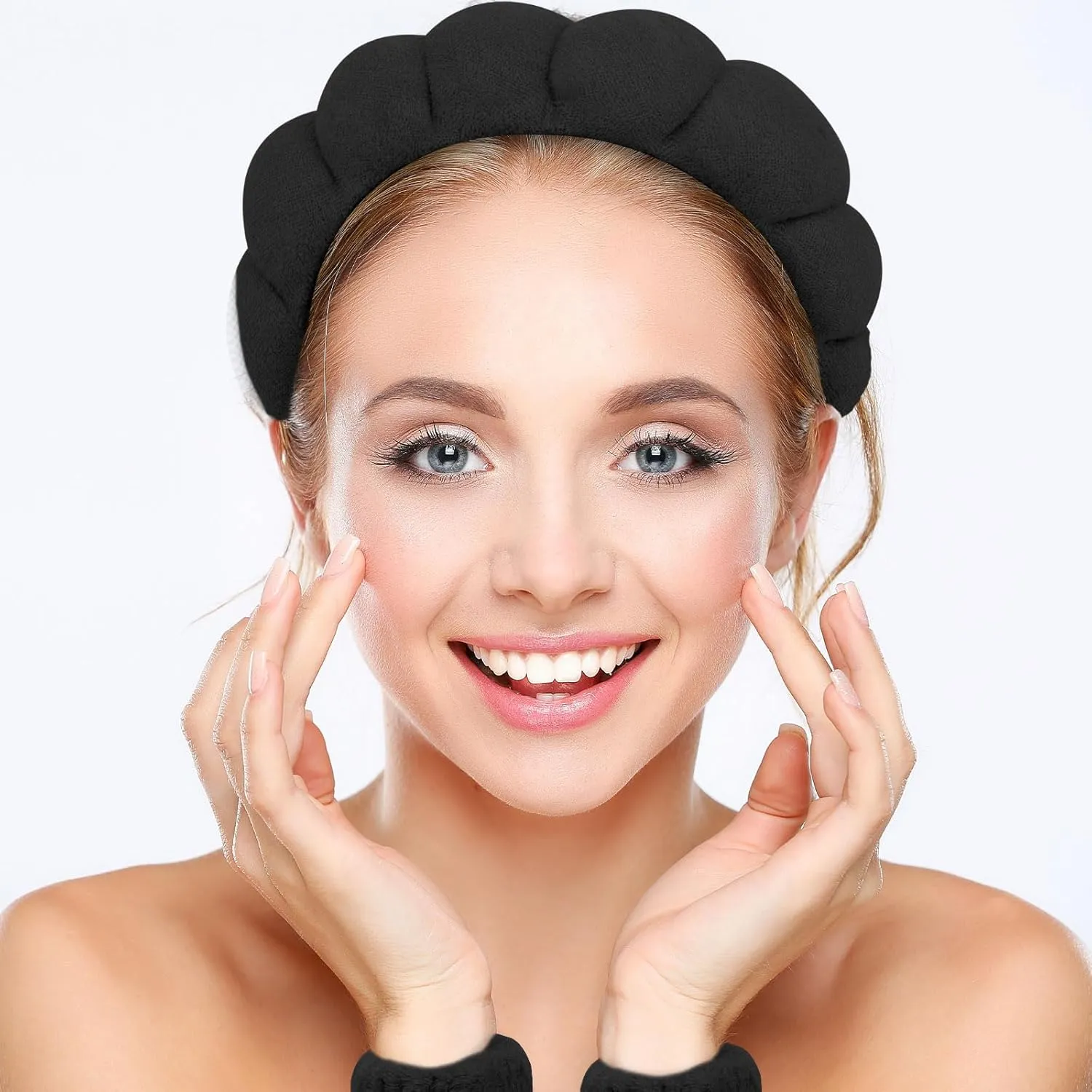 YISSION Black Spa Headband & Wristband Set Skincare Headband & Wrist Bands for Washing Face Makeup Silk Hair Scrunchies Flower Hair Claw Clips Sponge Facial headband & wrist towels for Women Girls