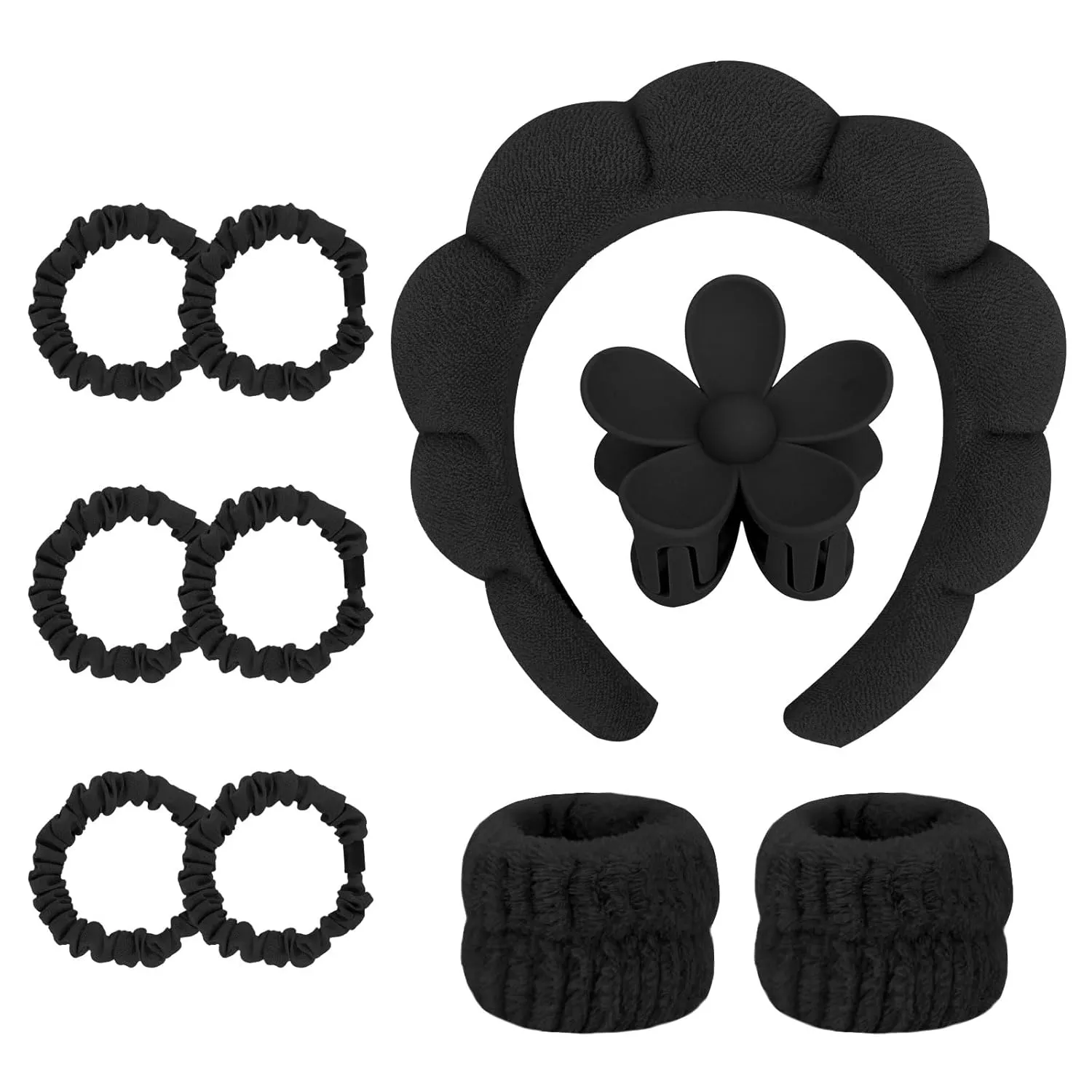 YISSION Black Spa Headband & Wristband Set Skincare Headband & Wrist Bands for Washing Face Makeup Silk Hair Scrunchies Flower Hair Claw Clips Sponge Facial headband & wrist towels for Women Girls