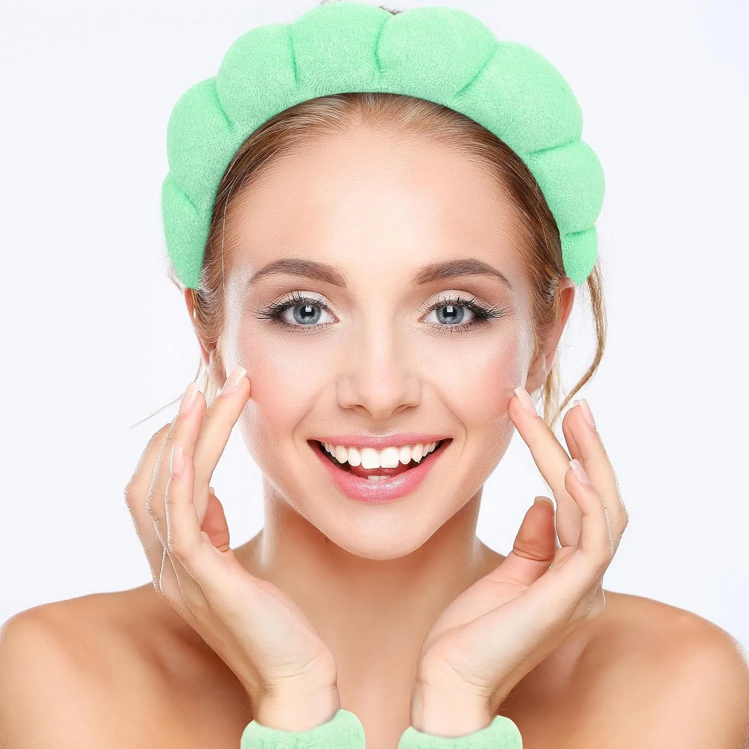 YISSION Green Spa Headband & Wristband Set Skincare Headband & Wrist Bands for Washing Face Makeup Silk Hair Scrunchies Flower Hair Claw Clips Sponge Facial headband & wrist towels for Women Girls