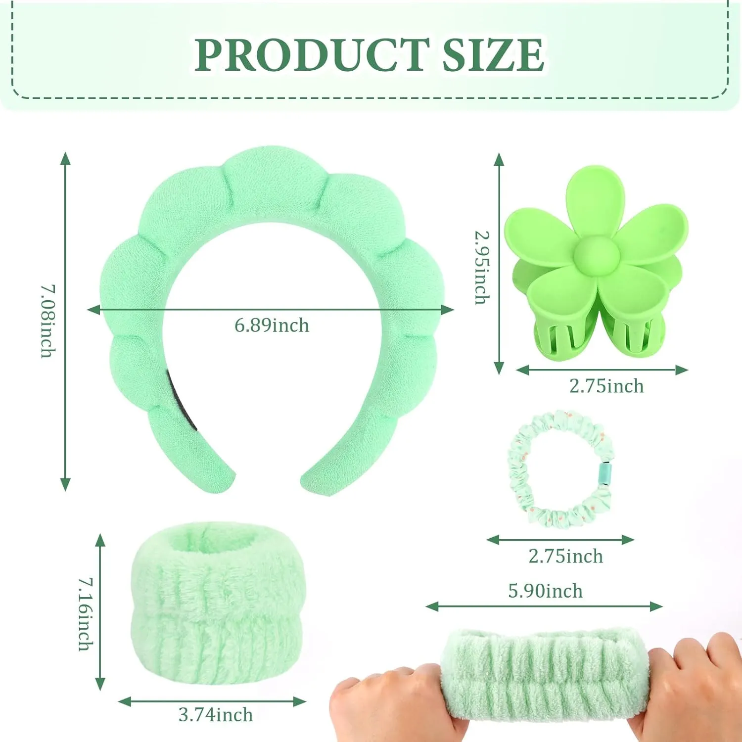 YISSION Green Spa Headband & Wristband Set Skincare Headband & Wrist Bands for Washing Face Makeup Silk Hair Scrunchies Flower Hair Claw Clips Sponge Facial headband & wrist towels for Women Girls